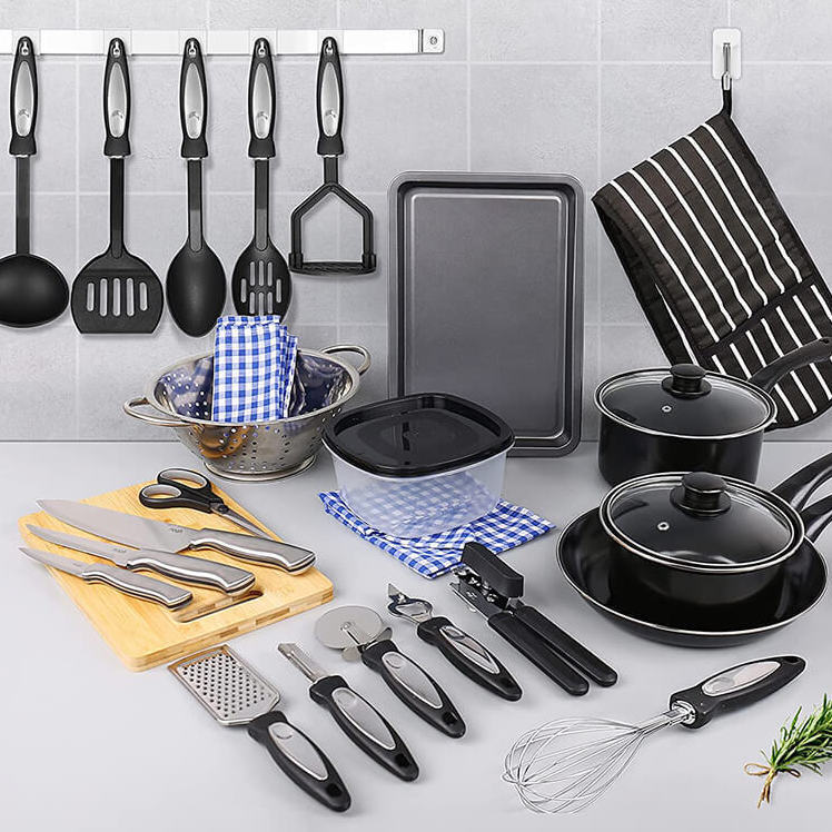 Noah 60+ Piece Kitchen Starter Kit with No Dinnerware Set - Includes  Non-Stick Pots & Pans, Cooking Utensils, Cutlery, Tableware, Mixing Bowls 